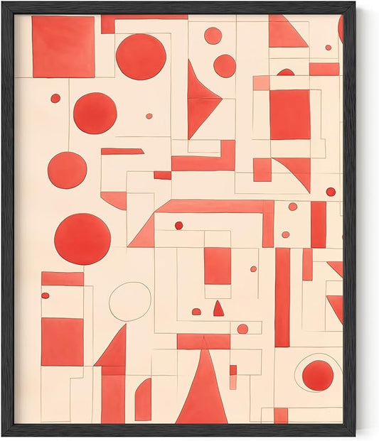 HAUS AND HUES Colorful Abstract Wall Art - Minimalist Retro Picture for Living Room Decor, Red and Pink Modern Wall Art Painting (Red Geometric, Black Frame, 16x20)