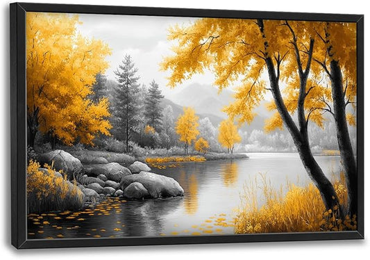 Framed Large Fall Tree Wall Art for Living Room, Oversized Zen Trees Wall Decor, Black and Golden Forest Canvas Pictures Home Decoration for Living Room Bedroom Office 36"x24"