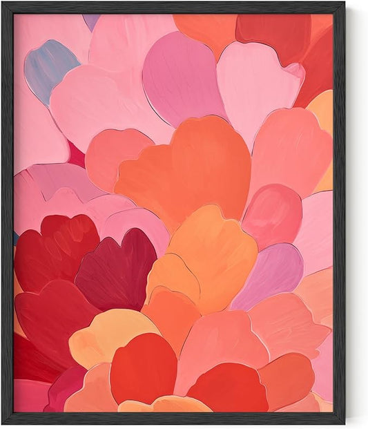 HAUS AND HUES Colorful Abstract Wall Art - Minimalist Retro Picture for Living Room Decor, Red and Pink Modern Wall Art Painting (Petals 1, Black Frame, 16x20)