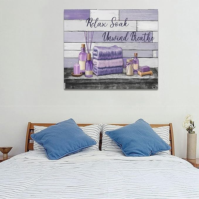 Farmhouse Bathroom Wall Art Relax Soak Unwind Breathe Wall Decor Rustic Bathroom Pictures Canvas Painting Framed Artwork Purple Country Home Decorations for Toilet Lavatory 24"x20"