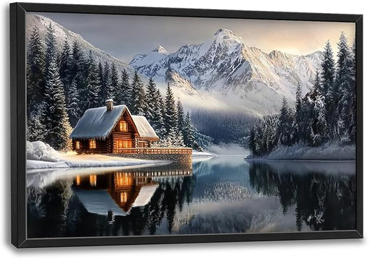 Winter Large Wall Art Mountain Lake Log Cabin Nature Pictures Wall Decor Landscape Canvas Prints Paintings Home Office Decorations Above Bed Framed Artwork for Living Room Dinning Room 36"x24"