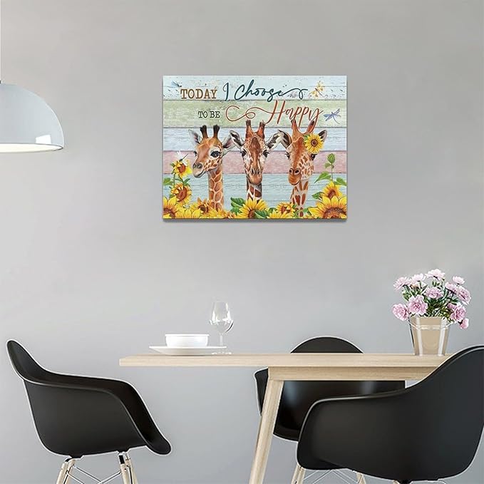 Giraffe Bathroom Decor Wall Art Sunflower Wall Decor Giraffe Canvas I Choose Happy Prints Painting Framed Artwork for Bathroom living room Bedroom 16"x12"