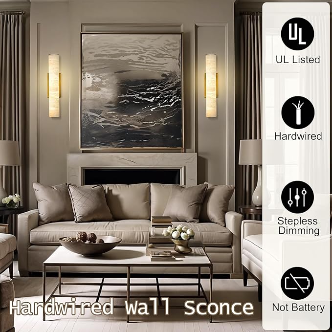 Alabaster Wall Sconces Gold, Spanish Natural Marble Wall Sconce, 20" Brass Wall Sconce for Bathroom, Indoor Stone Wall Sconces Dimmable, Alabaster Wall Light for Living Room, Bedroom, Hallway, Stairs