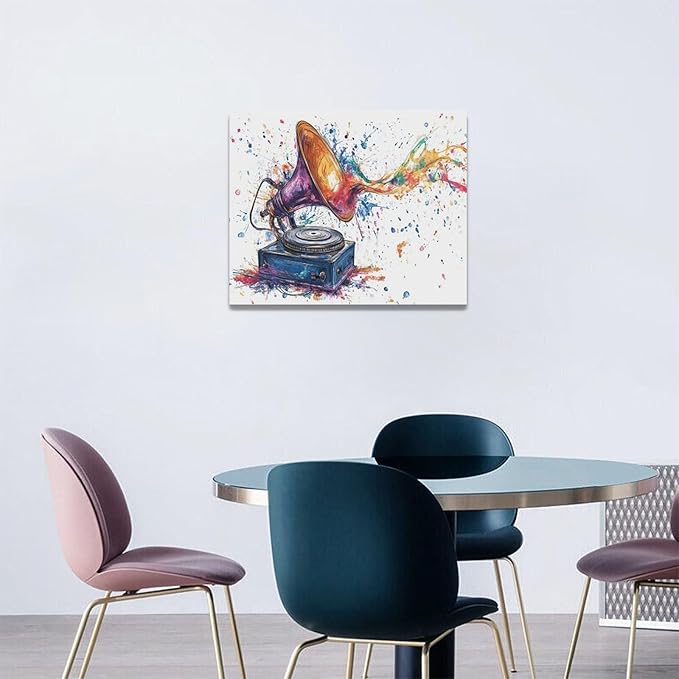 Fleruku Watercolor Phonograph Wall Art Colorful Phonograph Wall Decor Pictures Canvas Painting Artwork Home Decorations for Living Room Bedroom Bathroom Office Nursery Classroom 20"x16"