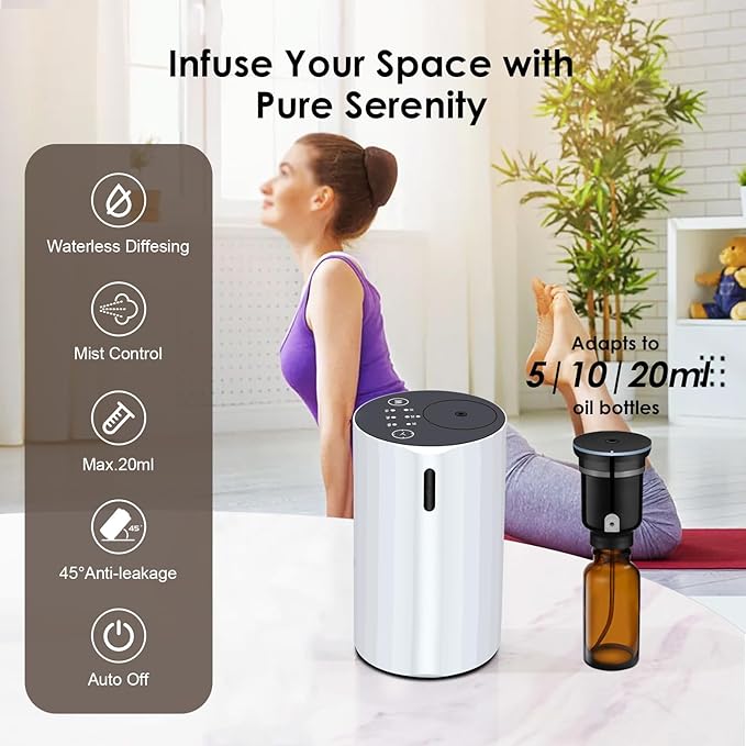 Waterless Essential Oil Diffuser Aromatherapy Scent Diffusers for Home Large Room, Bedroom, Car, Office, Desk, Battery Operated Mini Portable Air Freshener (White)