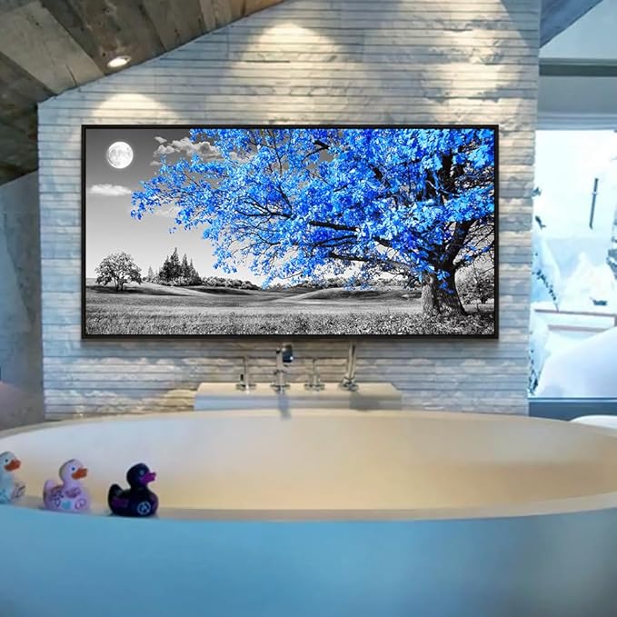 Framed Canvas Wall Art For Living Room Large Size Wall Decor For Bedroom Black And White Wall Pictures Blue Moon Tree Scenery Wall Painting Office Decor Room Home Decoration Black Framed 30" X 60"