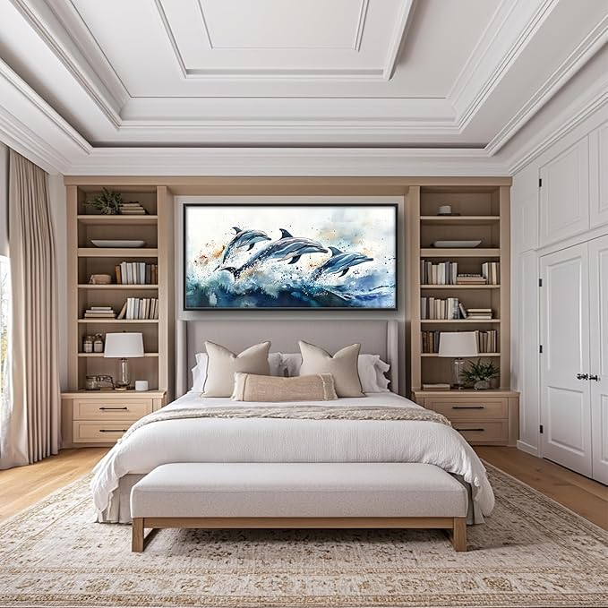 SweetFox Extra Large Watercolor Dolphin Framed Wall Art for Living Room,Ocean Dolphin Pictures Oversized Wall Decor Abstract Canvas Painting Print Artwork for Bathroom Master Bedroom 60L X 30W