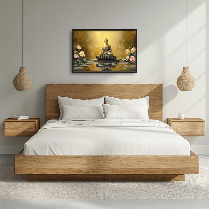 Buddha Large Wall Art Golden Buddhist Pictures Wall Decor Zen Lotus Big Canvas Painting Prints Framed Artwork Home Decorations Above Bed for Bedroom Living Room Dining Room Bathroom 36"x24"