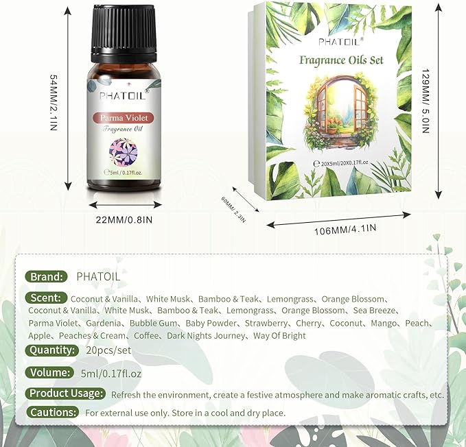 Coconut 20 Pcs Fragrance Oil Set, Premium Fragrance Oil, for Humidifier, DIY Candle & Soap Making Scent, Aromatherapy Diffuser Oils Set (5ML)