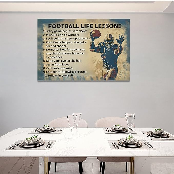 Farmhouse Football Wall Art For Boy Room Rustic Football Life Lessons Wall Decor Retro Football Sign Canvas Painting Artwork Home Decorations for Man Teenager Office Bedroom Living Room 24"x16"