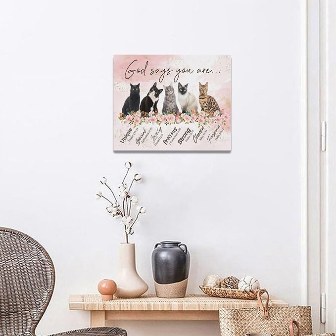 God says you are decor wall art cat canvas Pictures Christian Wall Decor flower Canvas for Girl’s Room Prints Painting Framed Artwork for Bathroom living room Bedroom 20"x16"