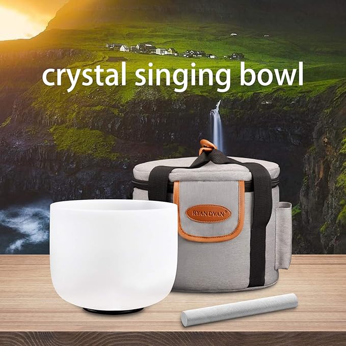 RYAN DVAN 8” G Note Frosted Throat Chakra Crystal Singing Bowl with Free Heavy-Duty Carrying Case and Suede Striker O-Ring