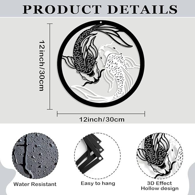 Creoate Black and White Metal Wall Art for Bathroom, Zen Decor Japanese Wall Art Koi Fish Artwork for Home Office Decoration, 12x12 Inches