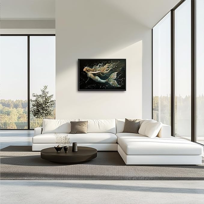 Mermaid Large Framed Wall Art for Living Room Golden Mermaid Pictures Wall Decor Ocean Print Painting Artwork Modern Home Decoration for Bedroom Office 36x24 inch