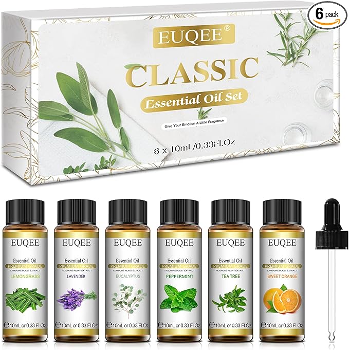 Classic Essential Oil Set of 6 Pure Essential Oil Gift Set for Diffusers, Soap Candle Making - Lavender, Eucalyptus, Peppermint, Tea Tree, Sweet Orange, Lemongrass Aromatherapy Oils -10ml