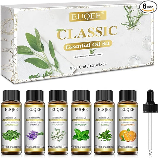 Classic Essential Oil Set of 6 Pure Essential Oil Gift Set for Diffusers, Soap Candle Making - Lavender, Eucalyptus, Peppermint, Tea Tree, Sweet Orange, Lemongrass Aromatherapy Oils -10ml