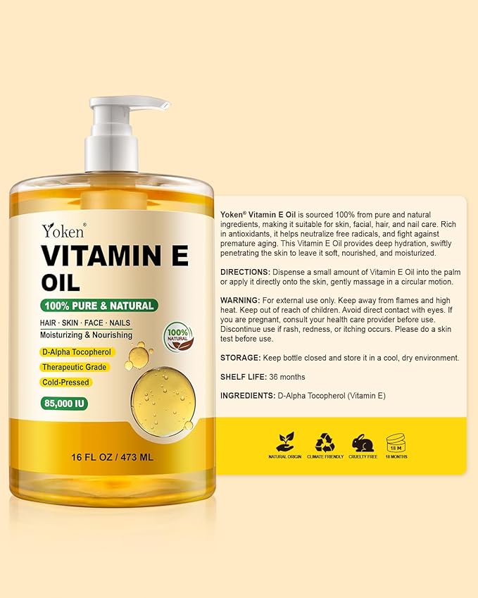 Yoken Vitamin E Oil 16 Fl Oz Organic Vitamin E Oil for Skin 85,000 IU Bulk Vitamine oils for Scars Hair,Face,Nail,Cold Pressed Hexane Free Formula Liquid Perfect Scalp Care Bath and Body oils