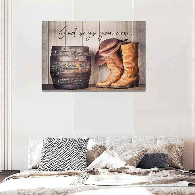 God says you are decor wall art western cowboy canvas Pictures cowboy boots Wall Decor Christian Canvas Prints Painting Framed Artwork for Bathroom living room Bedroom 24"x16"