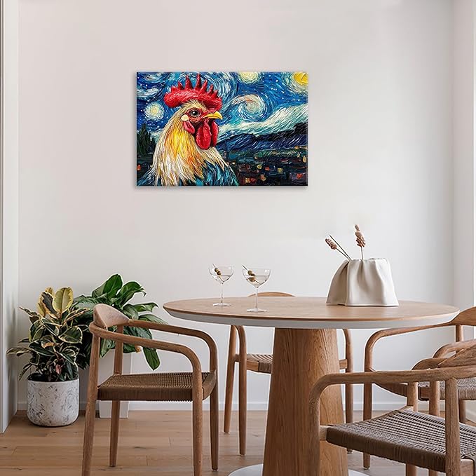 Olivine Rooster Wall Art, Vintage Chicken Pictures Wall Decor, Starry Night Painting Farmhouse Rooster Canvas Prints, Framed Artwork for Bathroom Bedroom Living Room Office Home Decoration 24"x16"