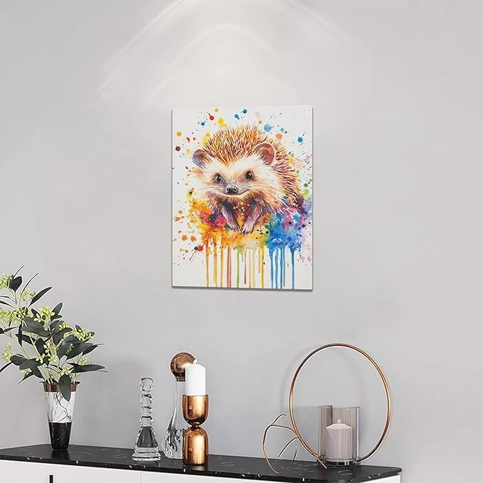 Fleruku Watercolor Hedgehog Wall Art Colorful Hedgehog Wall Decor Cute Animal Pictures Canvas Painting Artwork Home Decorations for Living Room Bedroom Bathroom Office Nursery Classroom 12"x16"
