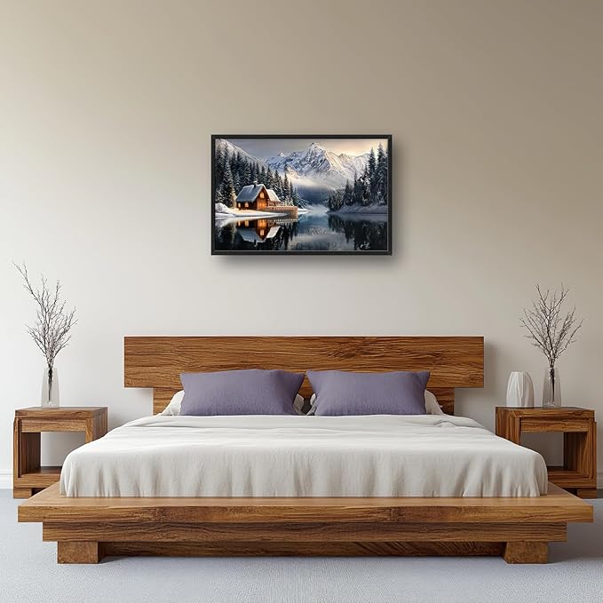 Winter Large Wall Art Mountain Lake Log Cabin Nature Pictures Wall Decor Landscape Canvas Prints Paintings Home Office Decorations Above Bed Framed Artwork for Living Room Dinning Room 36"x24"