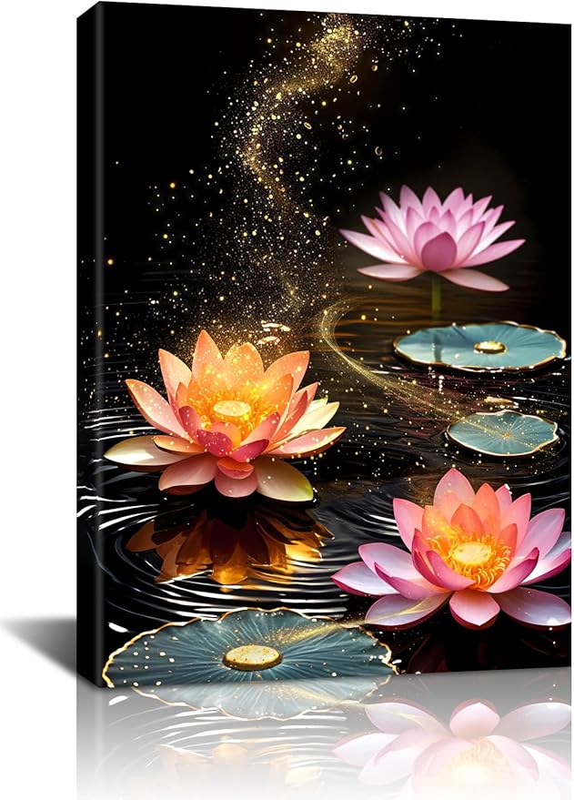 Framed Lotus Floral Canvas Prints Art for Zen Office Decor Wall Art,Zen Canvas Prints Wall Decor,Lotus Flower Bloom in Water Picture,Spiritual Decor Meditation Poster Painting(12"x16")