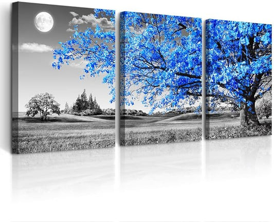 DZRWUBHS Modern Wall Art For Living Room Canvas Wall Decor For Office Black And White Blue Tree Wall Painting Scenery Wall Pictures Artwork For Bedroom Room Home Decor Prints Art 12" X 16" 3 Piece