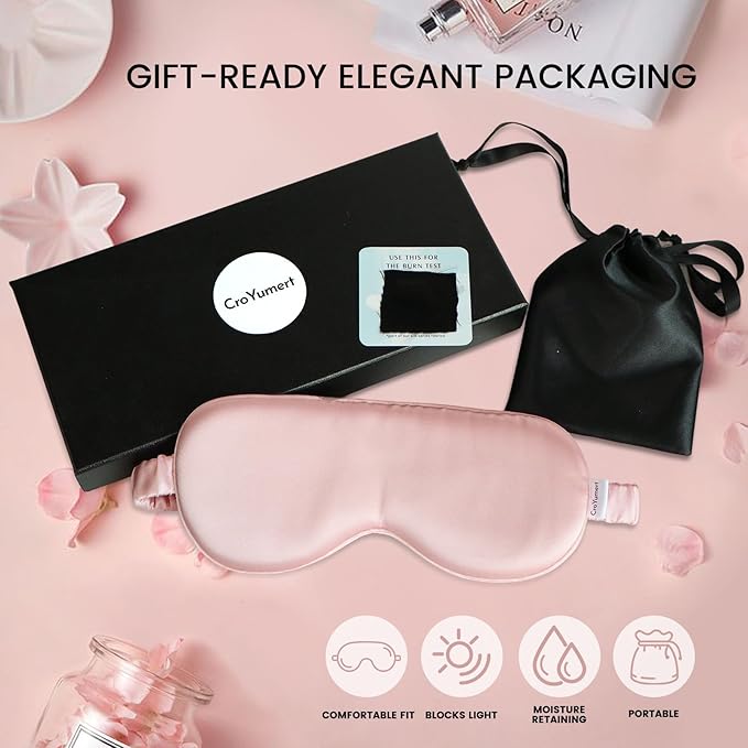 Pure 22 Momme 6A Grade Mulberry Silk Sleep Mask for Side Sleepers - 100% Blackout Eye Mask with Travel Pouch (Pink)