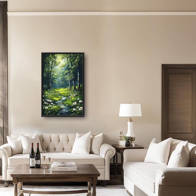 Green Forest Wall Art for Living Room, Large Tree Vertical Canvas Wall Decor, Daisy Flowers Pictures Framed Painting, Landscape Artwork for Bedroom Office Home Decor 36L'' × 24W''