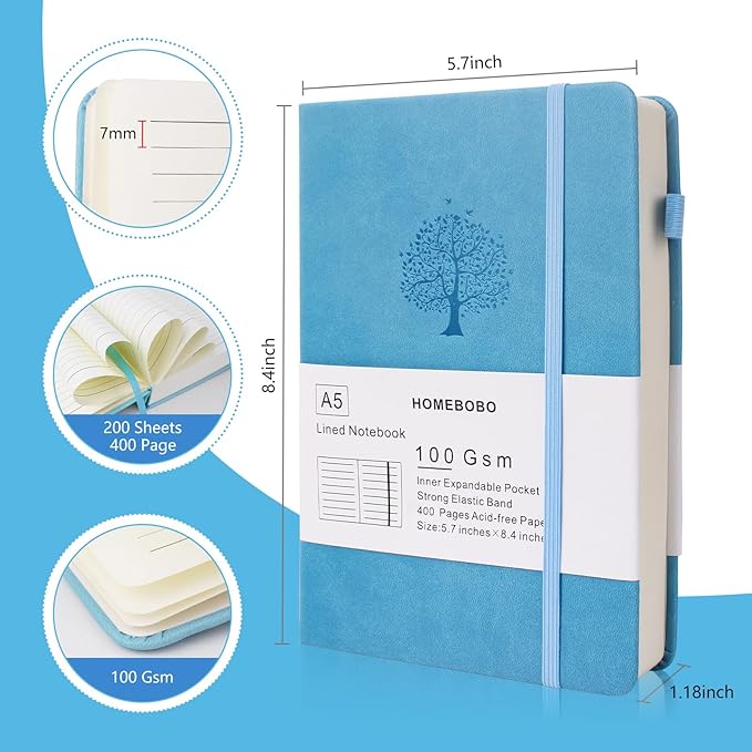 Journals for Writing, A5 Leather Ruled Notebook with 400 Pages, 100 Gms College Ruled Journal with Thick Paper, Hardcover with Inner Pocket & Pen Holder, Sky Blue