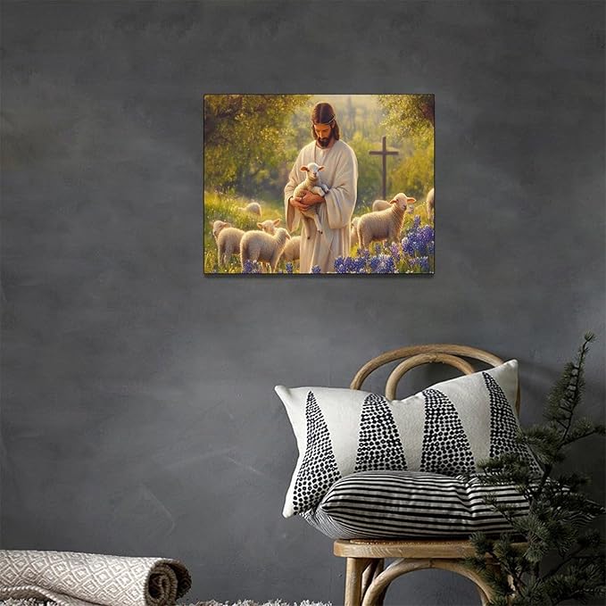 Fleruku Jesus Lamb Wall Art Christ Christian Wall Decor Jesus Religious Sign Pictures Canvas Painting Artwork Home Decorations for Living Room Bedroom Bathroom Office 16"x12"