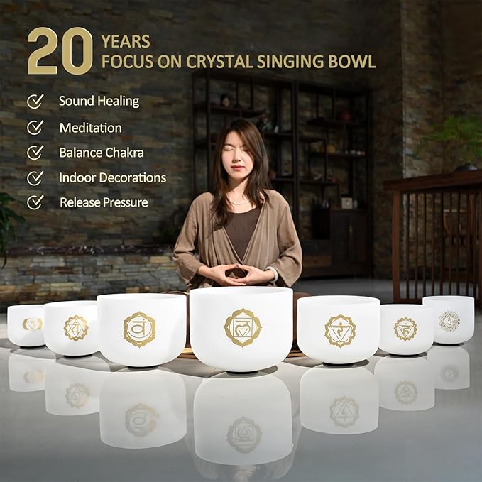 432HZ 8-14 Inch Chakra Symbol Design Frosted Quartz Crystal Singing Bowl Set of 7 PCS with Grey Bags for Sound Healing and Meditation