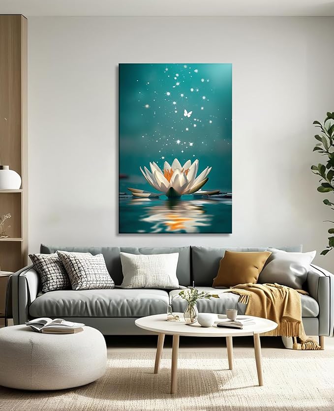 Lotus Canvas Wall Art Zen Wall Decor Teal Posters White Lotus on Water Picture Meditation Spiritual Art for Bathroom Living Room Home Office Decor Framed(Art-7,12.00x18.00 inch)