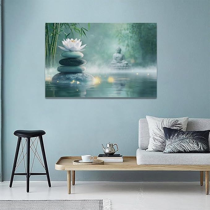 Olivine Zen Decor Wall Art, Lotus Pictures Wall Decor, Stones Flower Bloom Canvas Prints Painting, Framed Artwork for Meditation Bathroom Bedroom Living Room Office Home Decoration 24"x16"