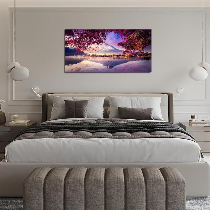Bogosip Japanese Mountain Lake Wall Art Mount Wall Decor Nature Landscape Pictures Maple Leaves Large Canvas Prints Frame Artwork for Living Room Dining Room Bathroom 60"x30"
