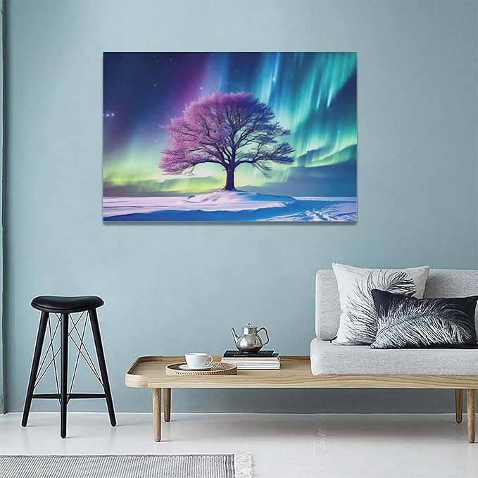 Northern Lights Bathroom Decor Aurora Wall Art Tree canvas Snow Painting Canvas Prints Framed Artwork for Bathroom kitchen Bedroom Living Room 24"x16"
