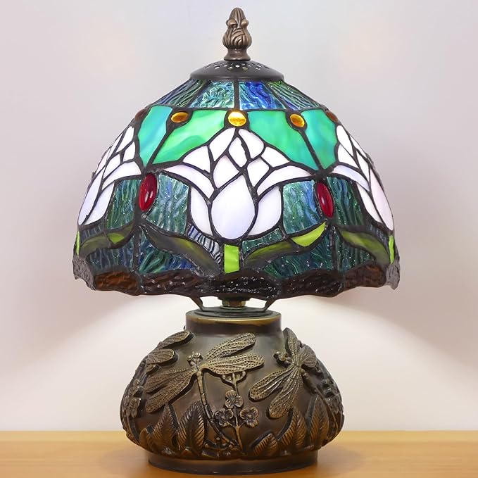 Small Tiffany Lamp Mini Stained Glass Table Lamp Mushroom Memory Sympathy Accent Lamp 8X11 Inch (Tulip Flower Style)