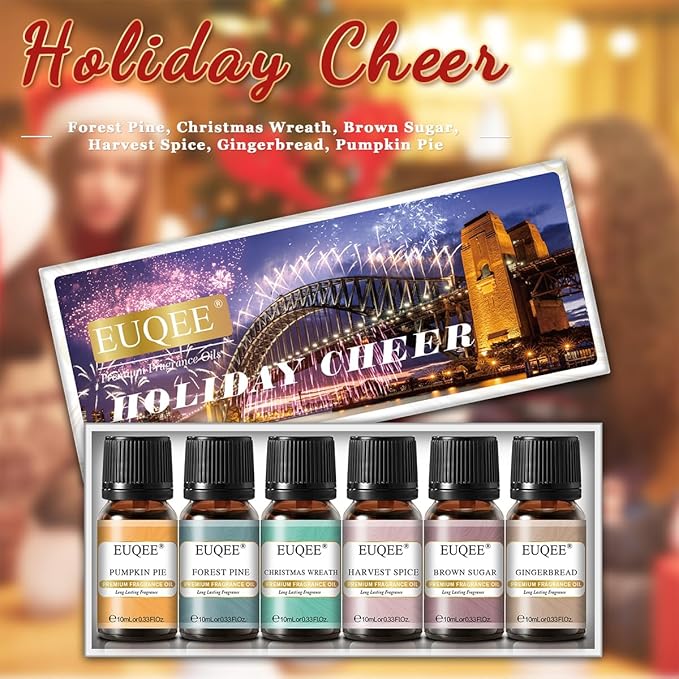 Holiday Cheer Premium Fragrance Oils Set of 6 - Forest Pine, Christmas Wreath, Brown Sugar, Harvest Spice, Gingerbread, Pumpkin Pie - Scented Oils for Diffuser, Candle Making (10ml)