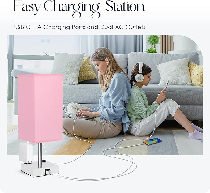 Bedside Lamp with USB Ports - Touch Control Table Lamp for Bedroom with USB C+A Charging Ports & AC Outlets, 3 Way Dimmable Nightstand Light with White Base for Living Room (LED Bulb Included, Pink)