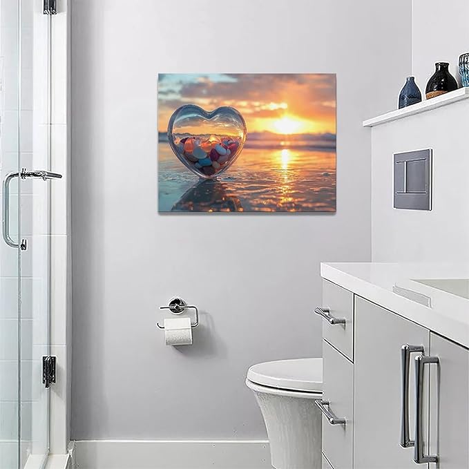 Fleruku Beach Sunset Wall Art Ocean Coastline Wall Decor Natural Scenery Pictures Canvas Painting Artwork Home Decorations for Living Room Bedroom Bathroom Office 16"x12"