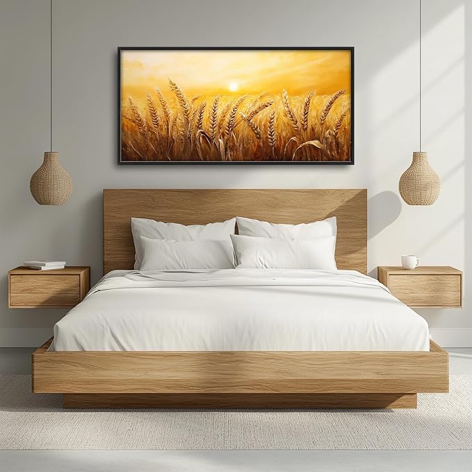 Wheat Field Wall Art Golden Wheat Landscape Pictures Wall Decor Sunset Large Master Over Above Bed Canvas Prints Horizontal Modern Artwork Painting Home Office Decorations For Kitchen Bedroom 30"x60"