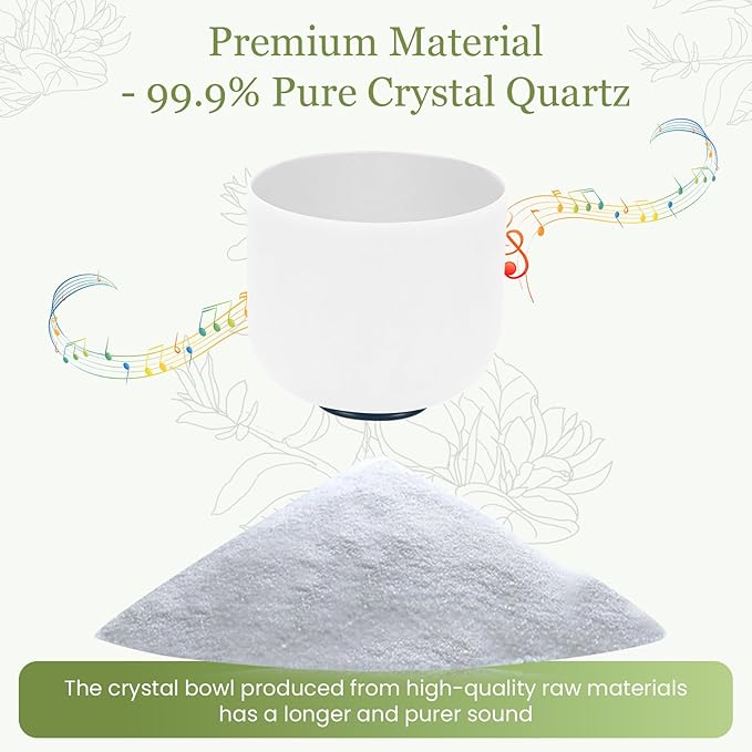 432HZ 8 Inchs B Note White Frosted Crystal Singing Bowl for Meditation Healing Yoga Chakra Quartz Crystal Sound Bowls with Heavy Duty Carry Case and Rubber Mallet,Suede Striker,O-rings