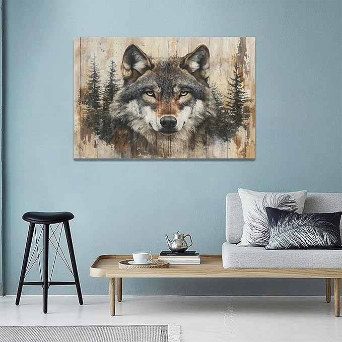 Vintage Wolf Wall Art Farmhouse Wildlife Wall Decor Country Animal Pictures Canvas Painting Artwork Home Decorations for Living Room Bedroom Bathroom Office 24"x16"