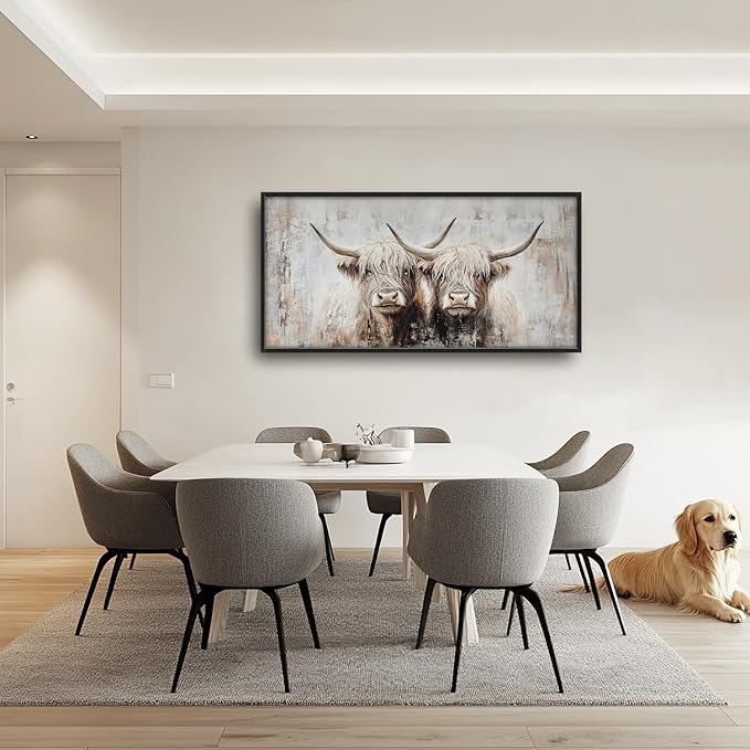 SweetFox Extra Large Highland Cow Framed Wall Art for Living Room, Farmhouse Highland Cattle Pictures Oversized Wall Decor Abstract Canvas Painting Print Artworks for Bathroom Bedroom 60L X 30W