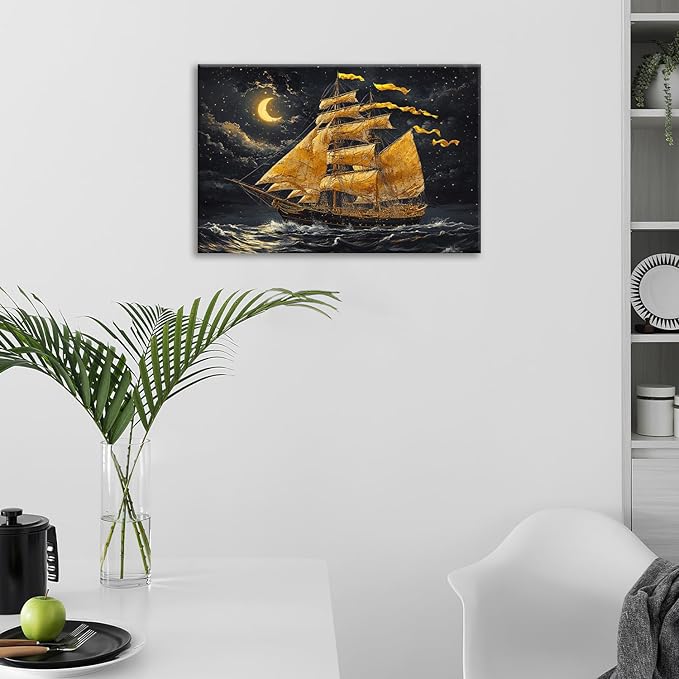 Olivine Sailboat Wall Art, Nautical Pictures Wall Decor, Ocean Seascape Painting, Coastal Night Canvas Prints, Framed Artwork for Bathroom Bedroom Living Room Office Home Decoration 24"x16"