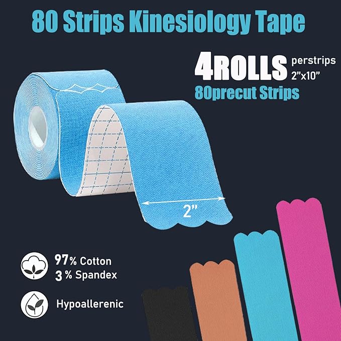 Kinesiology Tape Precut Strips<4Roll>Athletic Tape Waterproof Elastic Sports Tape for Joints Support & Muscle Pain Relief <66ft,80strips>Cotton K Tape