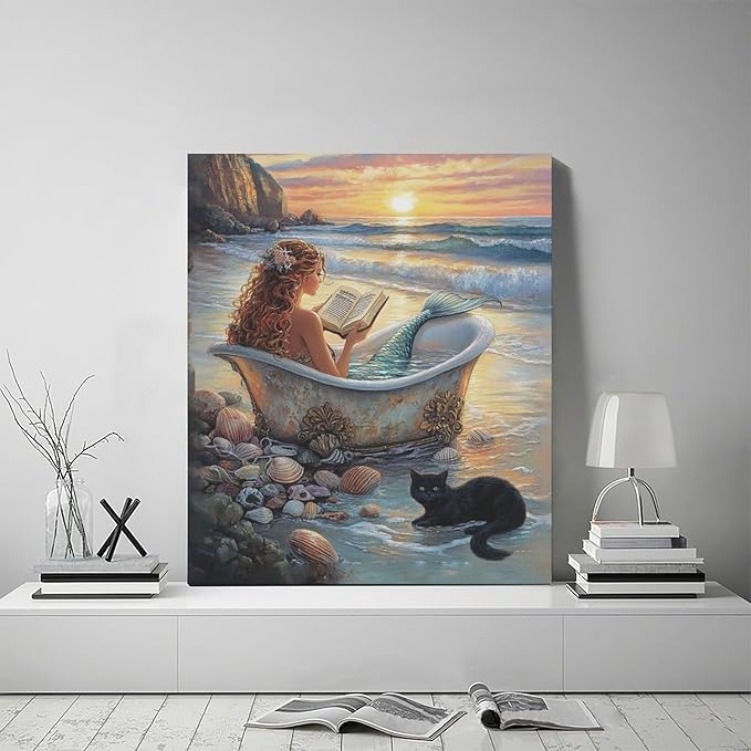 Mermaid Wall Art Beach Coastal Nautical Wall Decor Sunset Cat Pictures Canvas Painting Framed Artwork Home Decorations for Bathroom Living Room Bedroom Office 20"x24"