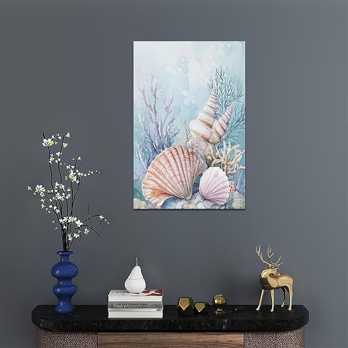 Fleruku Beach Coral Shells Wall Art Nautical Sea Wall Decor Ocean Pictures Canvas Painting Artwork Home Decorations for Living Room Bedroom Bathroom Office Nursery 16"x24"