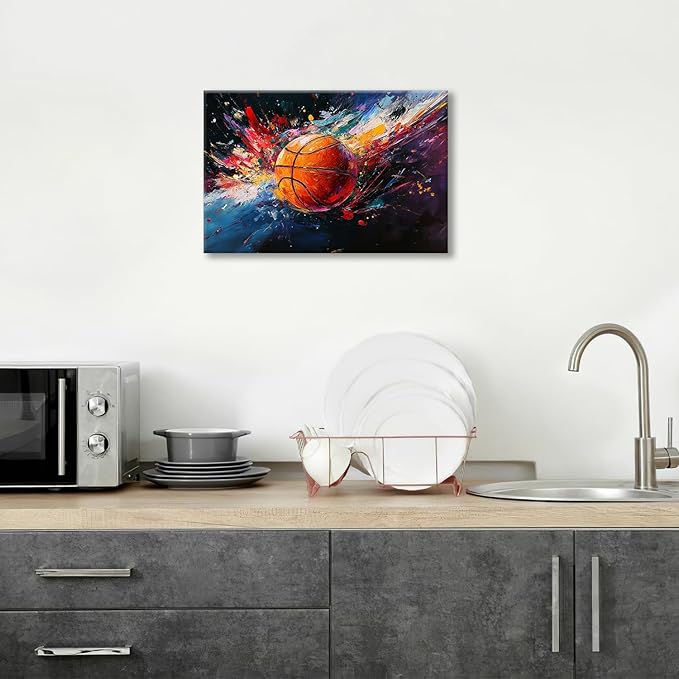 Olivine Basketball Wall Art, Graffiti Sports Picture, Colorful Sport Canvas Print Painting, Framed Artwork for Bathroom Bedroom Living Room Office Home Decoration 24"x16"