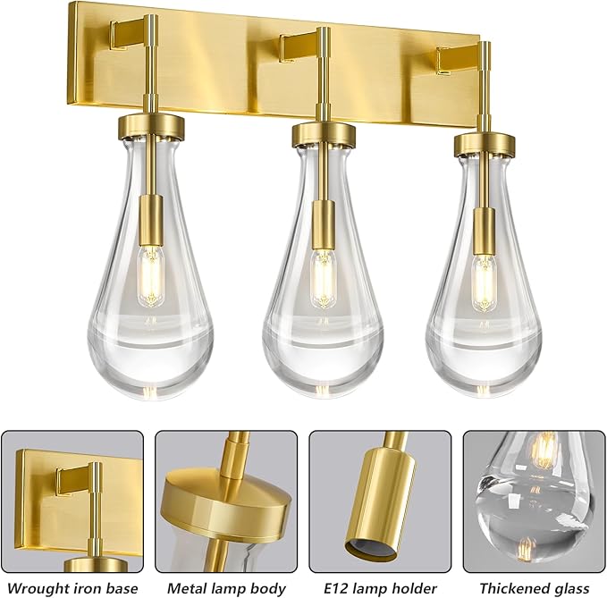 Raindrop Wall Sconces Gold Crystal Sconces Wall Decor Modern Brass Lighting Glass Bathroom Sconces Indoor Vanity Light Wall Lamp for Bedroom Living Room Stair(3-Light)